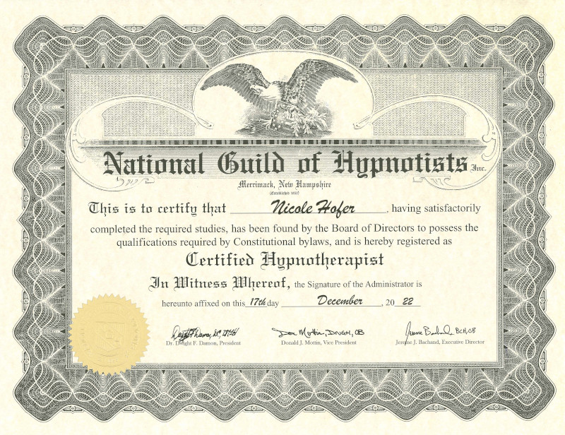 Diplom Hypnosetherapeutin National Guild of Hypnotists Nicole Hofer