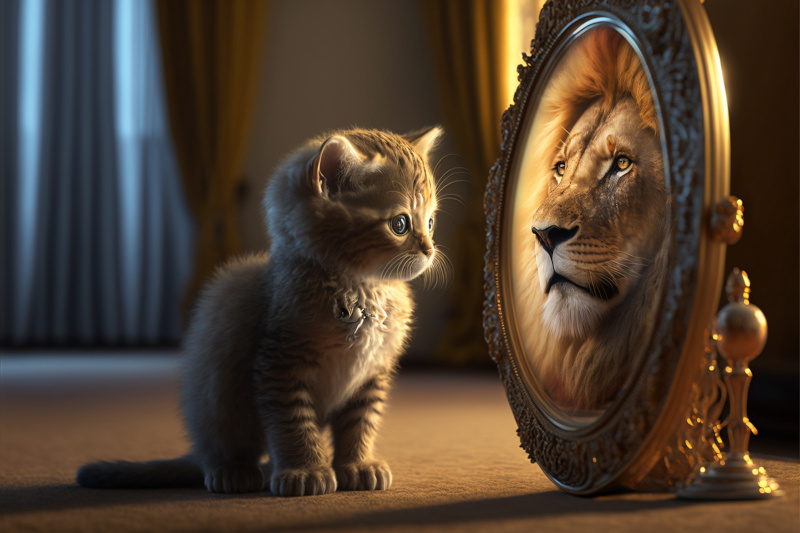 Ein Katzenjunges sieht sein Spiegelbild als ausgewachsener Löwe