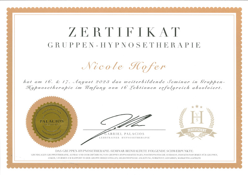 Zertifikat Gruppen Hypnosetherapie PR VSH Nicole Hofer