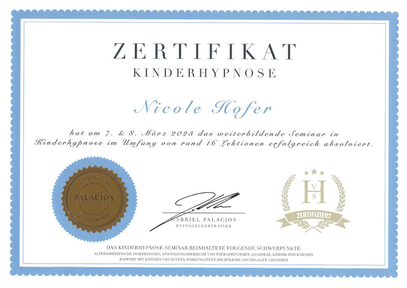Zertifikat Kinderhypnose PR VSH Nicole Hofer