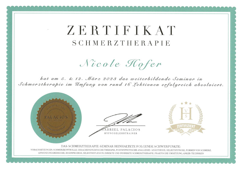 Zertifikat Schmerztherapie PR VSH Nicole Hofer