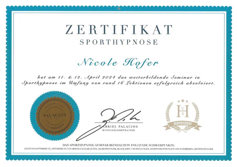 Zertifikat Sporthypnose PR VSH Nicole Hofer