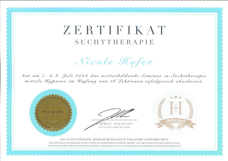 Zertifikat Suchttherapie PR VSH Nicole Hofer